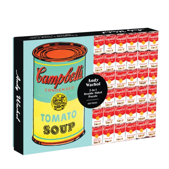 Book cover of: Andy Warhol Soup Can 2-sided 500 Piece Puzzle. By: Galison