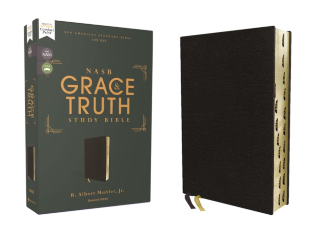 Book cover of: NASB, The Grace and Truth Study Bible (Trustworthy and Practical Insights), Bonded Leather, Black, Red Letter, 1995 Text, Thumb Indexed, Comfort Print. By: Mohler, Jr., R. Albert