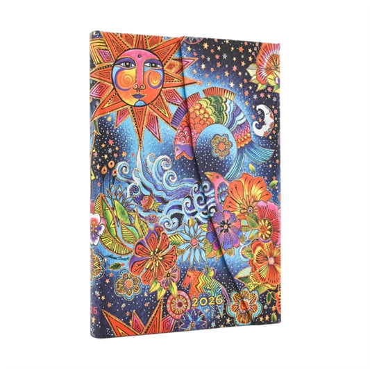 Book cover of: 2026 Celestial Magic (Whimsical Creations) Mini 12-month Verso Hardcover Flexi Dayplanner 2026 (Wrap Closure). By: Paperblanks