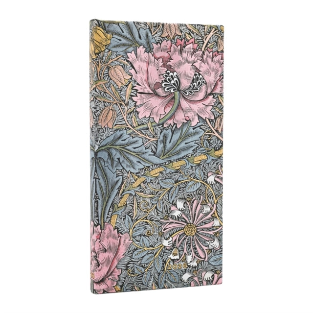 Book cover of: 2026 Morris Pink Honeysuckle (William Morris) Slim 12-month Horizontal Hardcover Flexi Dayplanner 2026 (Elastic Band Closure). By: Paperblanks