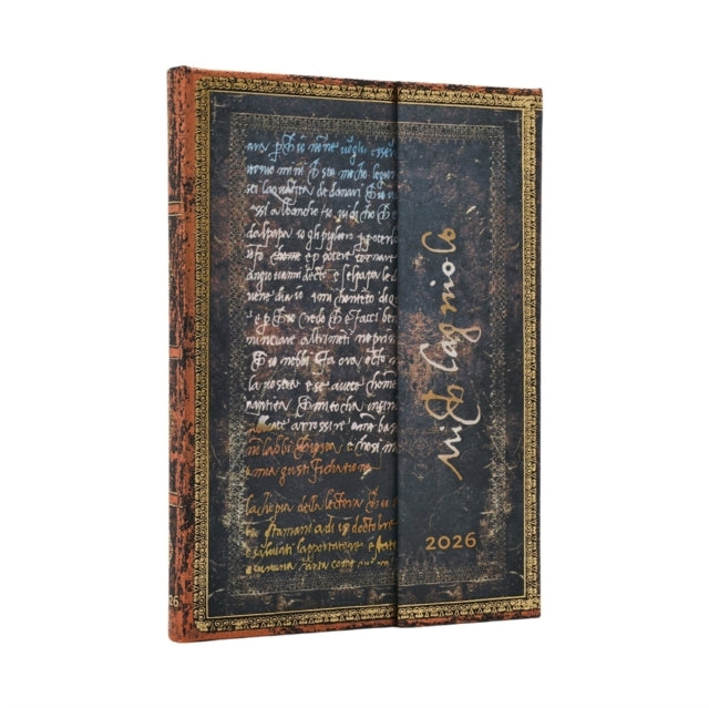 Book cover of: 2026 Michelangelo, Handwriting (Embellished Manuscripts Collection) Midi 12-month Vertical Hardcover Flexi Dayplanner 2026 (Wrap Closure). By: Paperblanks