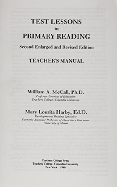 Book cover of: Test Lessons in Primary Reading, Teachers Manual/Answer Key. By: William Anderson McCall