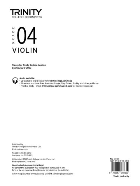 Book cover of: Trinity College London Violin Exam Pieces From 2020: Grade 4 (part only). By: Trinity College London