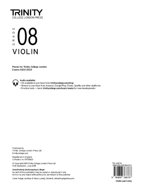 Book cover of: Trinity College London Violin Exam Pieces From 2020: Grade 8 (part only). By: Trinity College London