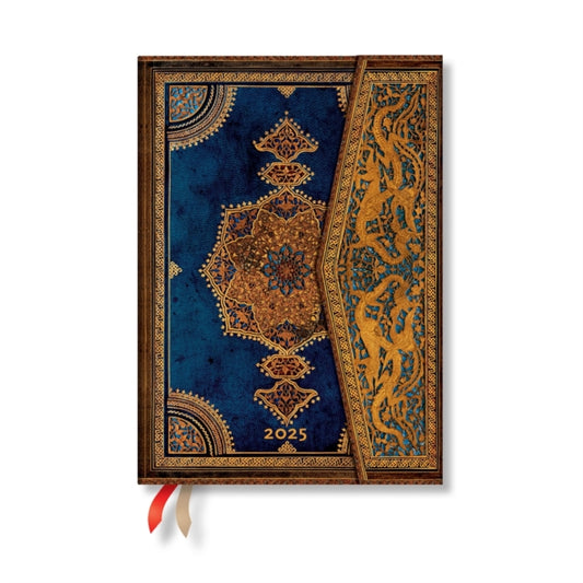 Book cover of: Safavid Indigo (Safavid Binding Art) Midi 12-month Horizontal Hardback Dayplanner 2025 (Wrap Closure). By: Paperblanks