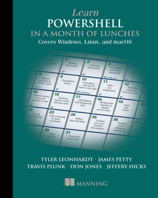 Book cover of: Learn PowerShell in a Month of Lunches: Covers Windows, Linux, and macOS. By: TRAVIS PLUNK