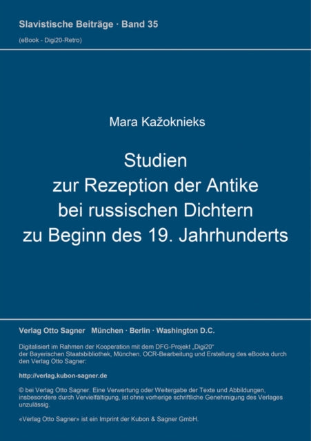Book cover of: Studien zur Rezeption der Antike bei russischen Dichtern zu Beginn des 19. Jahrhunderts. By: Mara Ka?oknieks