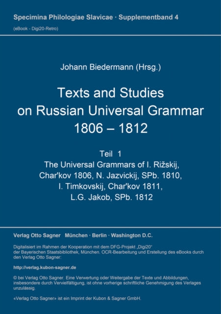 Book cover of: Texts and studies on Russian universal grammar 1806 - 1812
