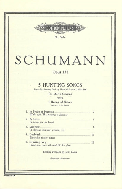 Book cover of: 5 Hunting Songs Op.137